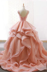 Puffy Tulle Long Semi Formal Prom Dress with Beading, A Line Sleeveless Party Gown